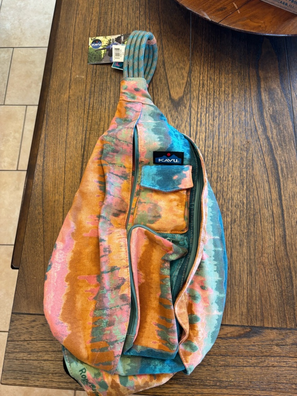 Kavu Multicolor Tie-Dye Rope Sling Bag in Teal, Orange, Pink